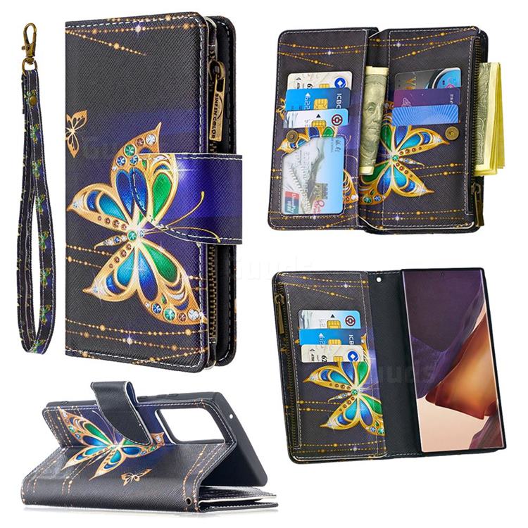 Golden Shining Butterfly Binfen Color BF03 Retro Zipper Leather Wallet Phone Case for Samsung Galaxy Note 20