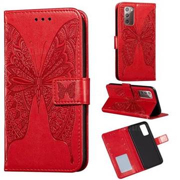 Intricate Embossing Vivid Butterfly Leather Wallet Case for Samsung Galaxy Note 20 - Red