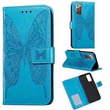 Intricate Embossing Vivid Butterfly Leather Wallet Case for Samsung Galaxy Note 20 - Blue