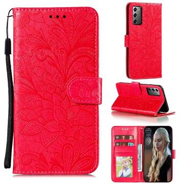 Intricate Embossing Lace Jasmine Flower Leather Wallet Case for Samsung Galaxy Note 20 - Red