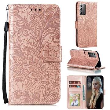 Intricate Embossing Lace Jasmine Flower Leather Wallet Case for Samsung Galaxy Note 20 - Rose Gold