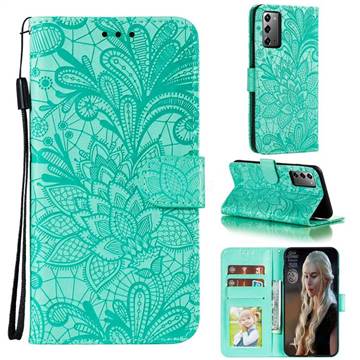 Intricate Embossing Lace Jasmine Flower Leather Wallet Case for Samsung Galaxy Note 20 - Green