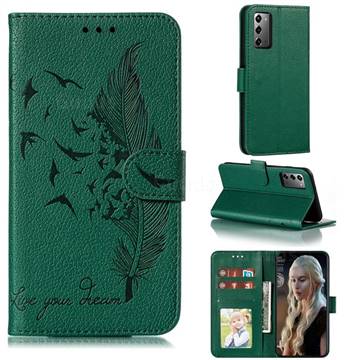 Intricate Embossing Lychee Feather Bird Leather Wallet Case for Samsung Galaxy Note 20 - Green