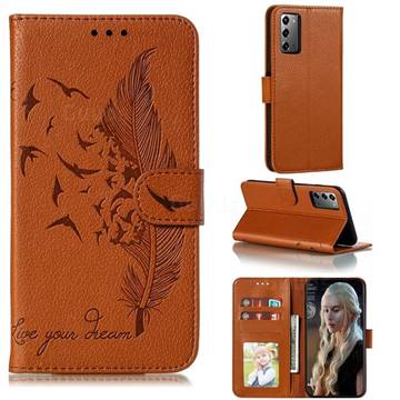 Intricate Embossing Lychee Feather Bird Leather Wallet Case for Samsung Galaxy Note 20 - Brown