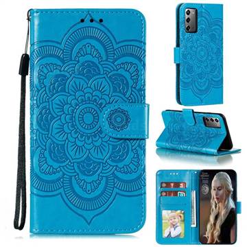 Intricate Embossing Datura Solar Leather Wallet Case for Samsung Galaxy Note 20 - Blue