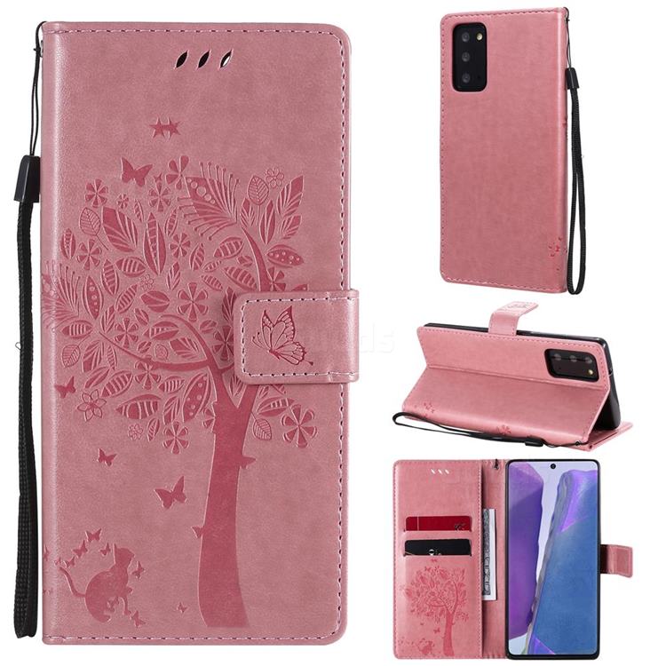 Embossing Butterfly Tree Leather Wallet Case for Samsung Galaxy Note 20 - Pink
