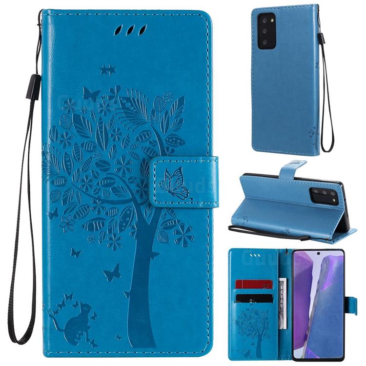 Embossing Butterfly Tree Leather Wallet Case for Samsung Galaxy Note 20 - Blue
