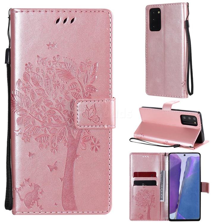 Embossing Butterfly Tree Leather Wallet Case for Samsung Galaxy Note 20 - Rose Pink