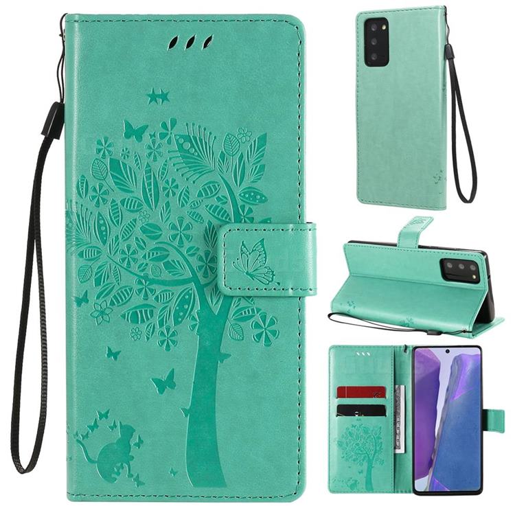 Embossing Butterfly Tree Leather Wallet Case for Samsung Galaxy Note 20 - Cyan