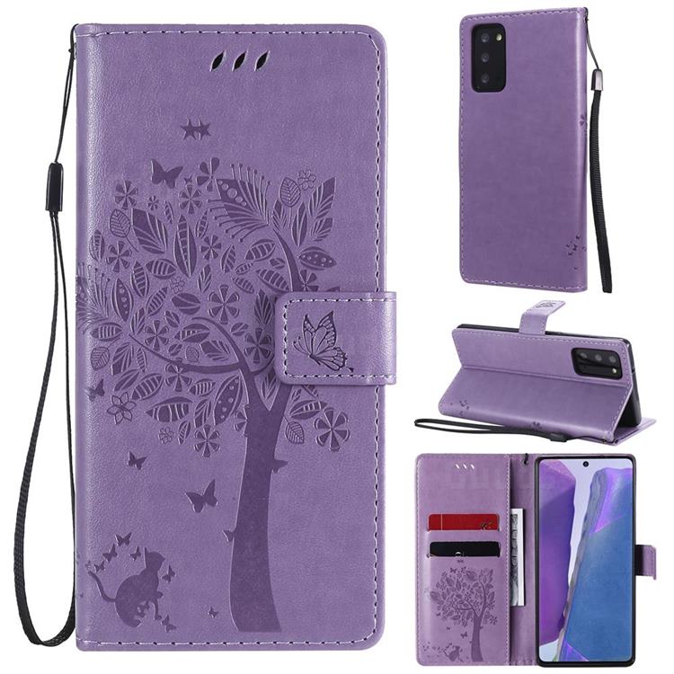 Embossing Butterfly Tree Leather Wallet Case for Samsung Galaxy Note 20 - Violet