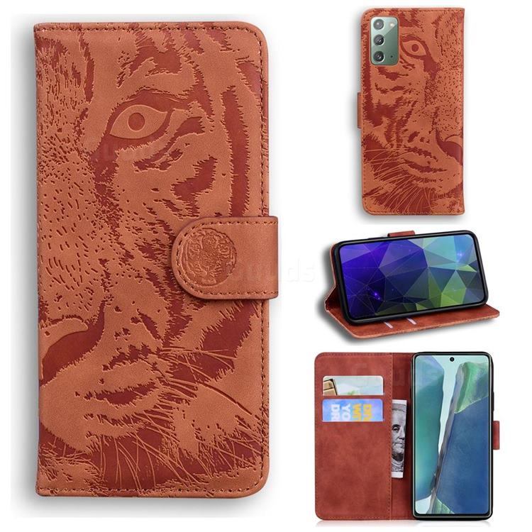 Intricate Embossing Tiger Face Leather Wallet Case for Samsung Galaxy Note 20 - Brown