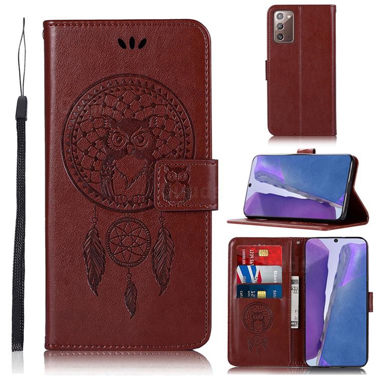 Intricate Embossing Owl Campanula Leather Wallet Case for Samsung Galaxy Note 20 - Brown