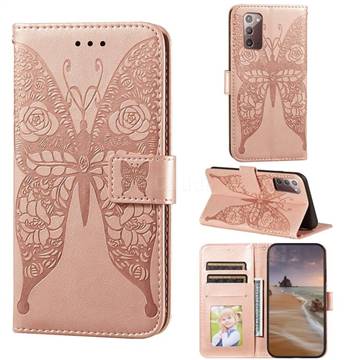 Intricate Embossing Rose Flower Butterfly Leather Wallet Case for Samsung Galaxy Note 20 - Rose Gold