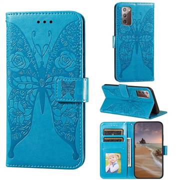 Intricate Embossing Rose Flower Butterfly Leather Wallet Case for Samsung Galaxy Note 20 - Blue