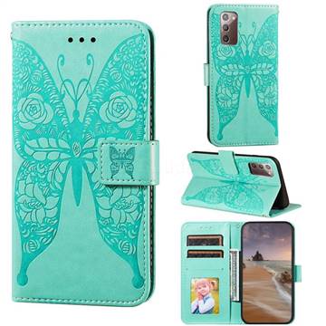 Intricate Embossing Rose Flower Butterfly Leather Wallet Case for Samsung Galaxy Note 20 - Green