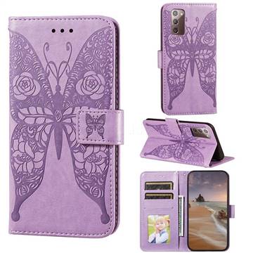 Intricate Embossing Rose Flower Butterfly Leather Wallet Case for Samsung Galaxy Note 20 - Purple