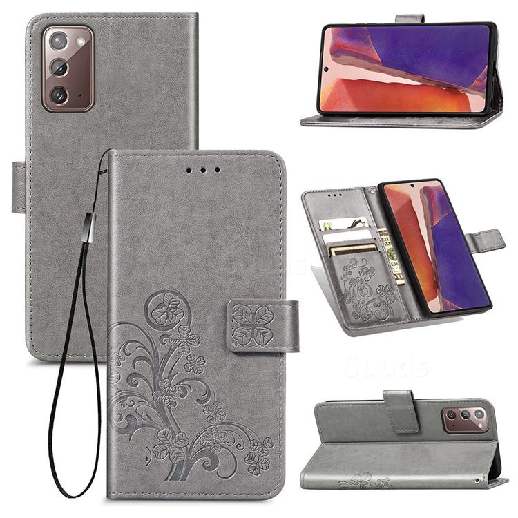 Embossing Imprint Four-Leaf Clover Leather Wallet Case for Samsung Galaxy Note 20 - Grey