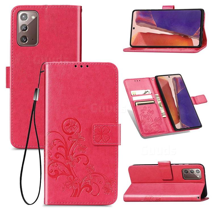 Embossing Imprint Four-Leaf Clover Leather Wallet Case for Samsung Galaxy Note 20 - Rose Red