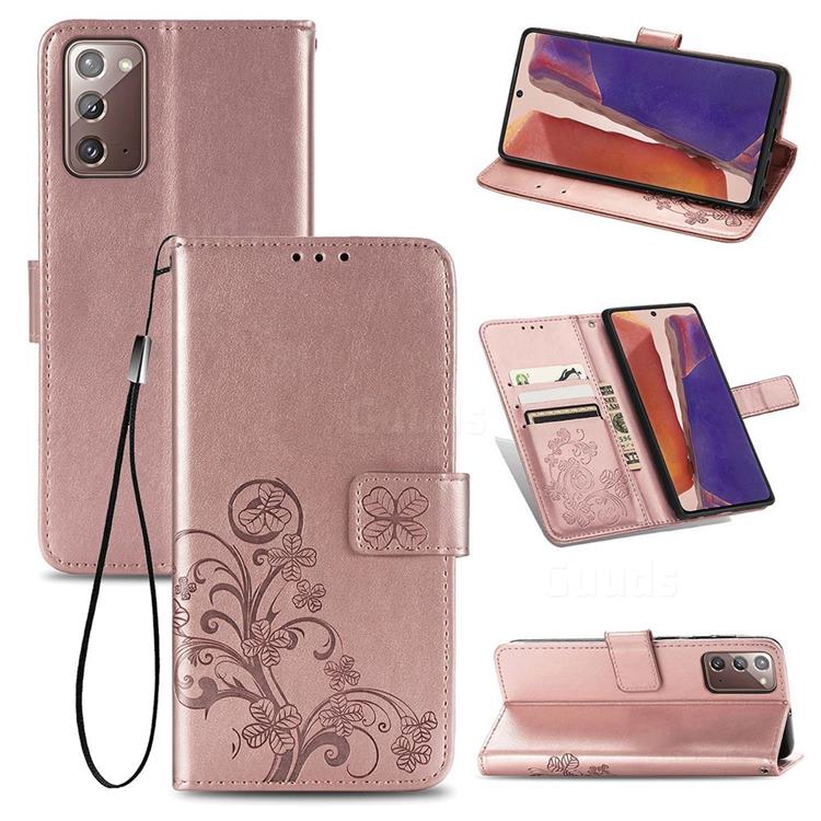 Embossing Imprint Four-Leaf Clover Leather Wallet Case for Samsung Galaxy Note 20 - Rose Gold