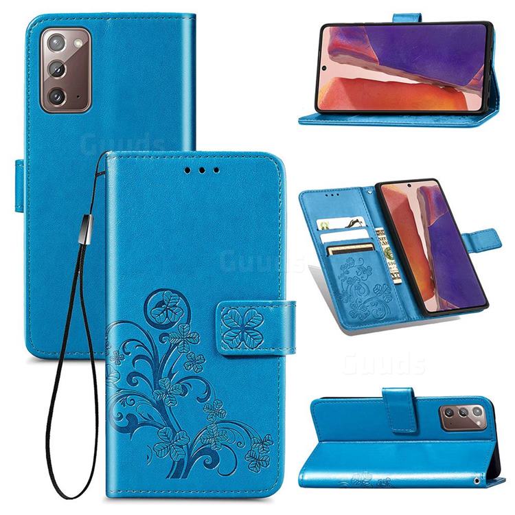 Embossing Imprint Four-Leaf Clover Leather Wallet Case for Samsung Galaxy Note 20 - Blue
