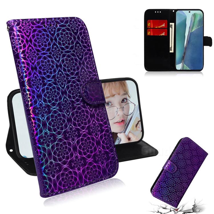 Laser Circle Shining Leather Wallet Phone Case for Samsung Galaxy Note 20 - Purple