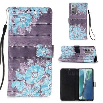Blue Flower 3D Painted Leather Wallet Case for Samsung Galaxy Note 20