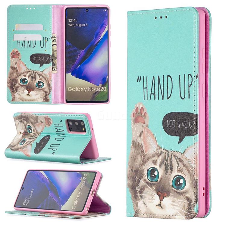 Hand Up Cat Slim Magnetic Attraction Wallet Flip Cover for Samsung Galaxy Note 20