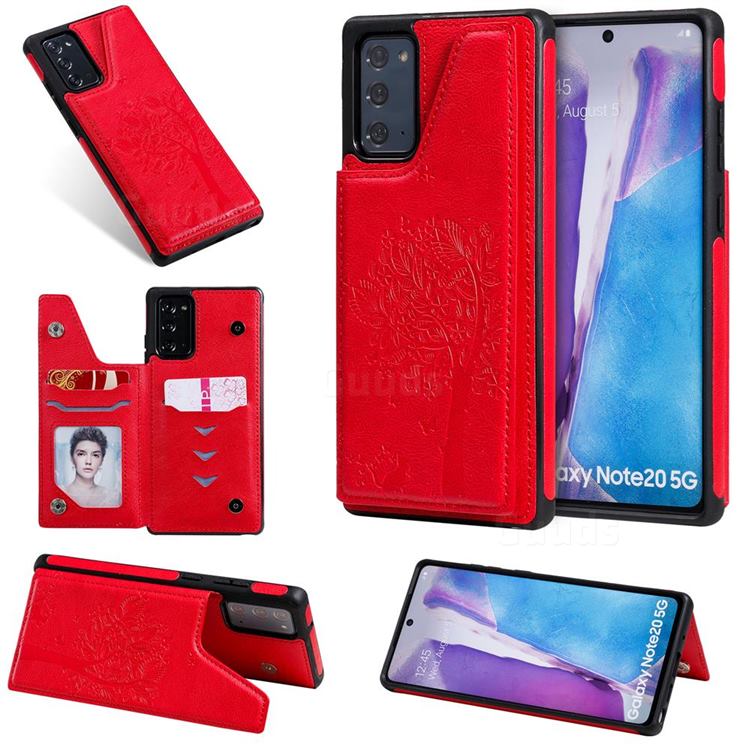 Luxury Tree and Cat Multifunction Magnetic Card Slots Stand Leather Phone Back Cover for Samsung Galaxy Note 20 - Red
