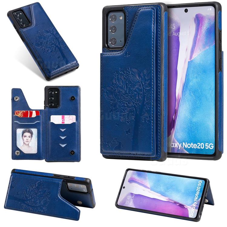 Luxury Tree and Cat Multifunction Magnetic Card Slots Stand Leather Phone Back Cover for Samsung Galaxy Note 20 - Blue