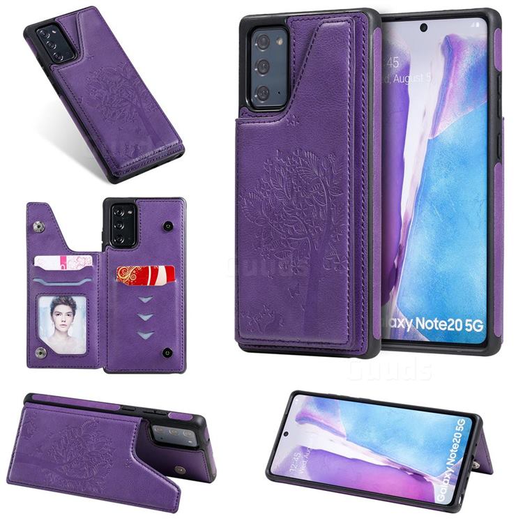 Luxury Tree and Cat Multifunction Magnetic Card Slots Stand Leather Phone Back Cover for Samsung Galaxy Note 20 - Purple