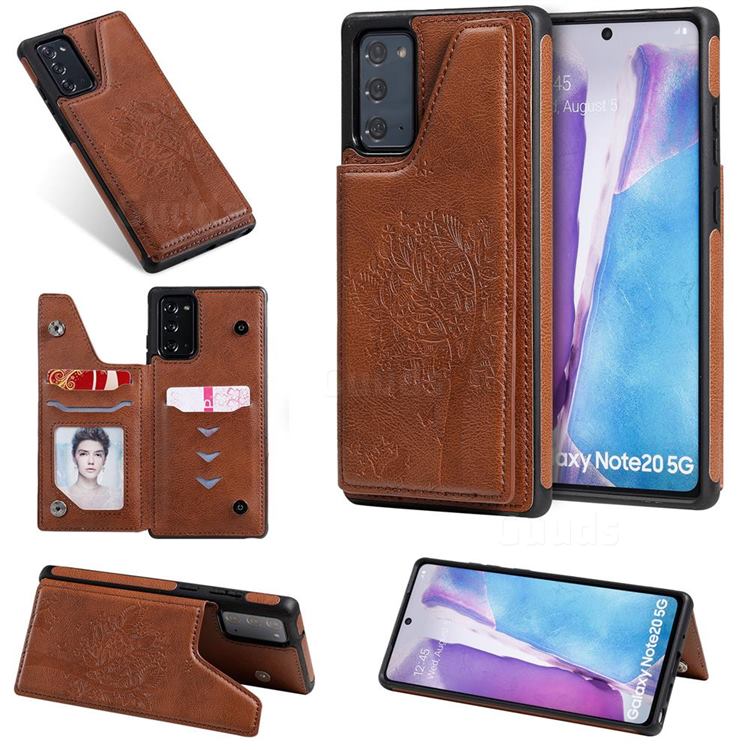 Luxury Tree and Cat Multifunction Magnetic Card Slots Stand Leather Phone Back Cover for Samsung Galaxy Note 20 - Brown