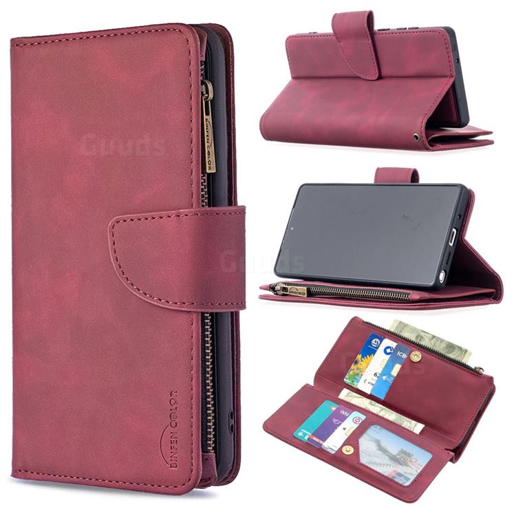 Binfen Color BF02 Sensory Buckle Zipper Multifunction Leather Phone Wallet for Samsung Galaxy Note 20 - Red Wine