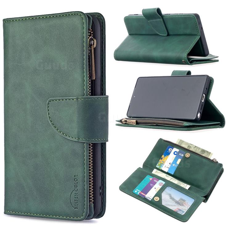 Binfen Color BF02 Sensory Buckle Zipper Multifunction Leather Phone Wallet for Samsung Galaxy Note 20 - Dark Green