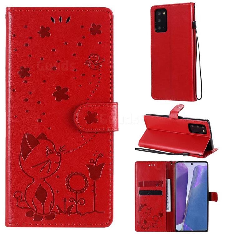 Embossing Bee and Cat Leather Wallet Case for Samsung Galaxy Note 20 - Red