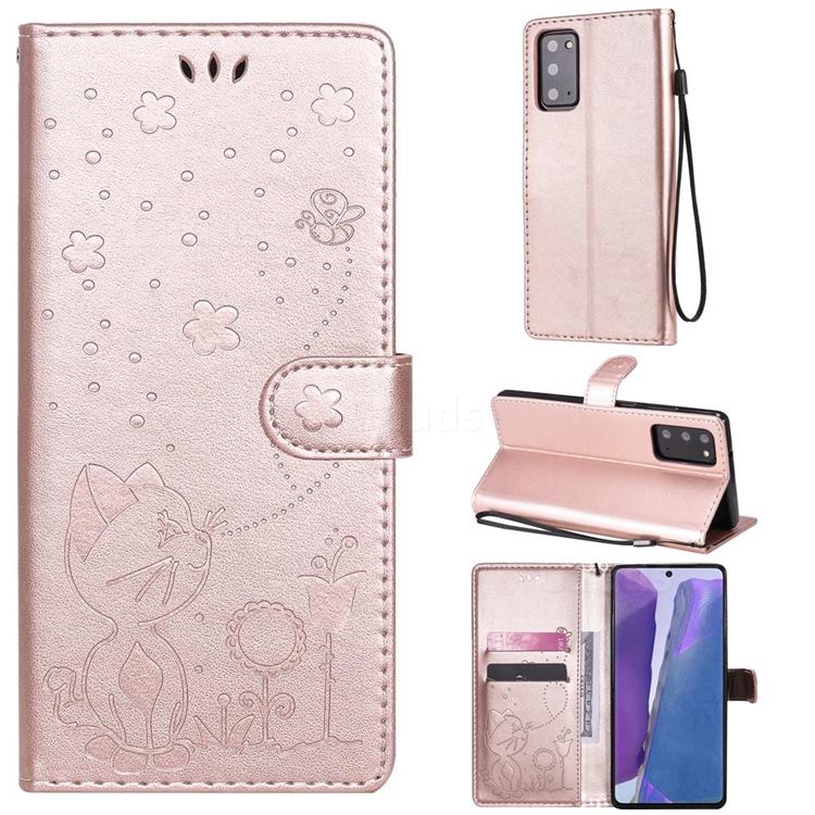 Embossing Bee and Cat Leather Wallet Case for Samsung Galaxy Note 20 - Rose Gold