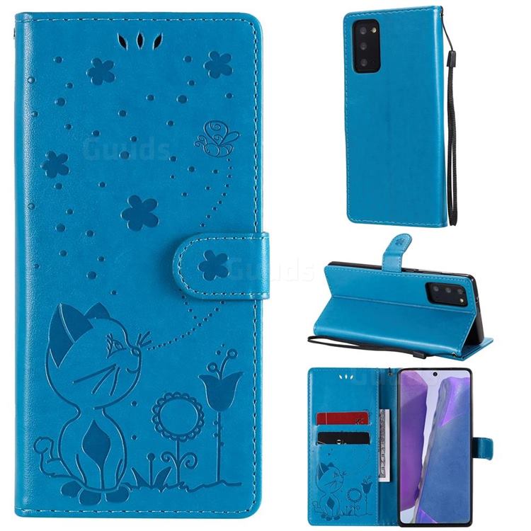 Embossing Bee and Cat Leather Wallet Case for Samsung Galaxy Note 20 - Blue