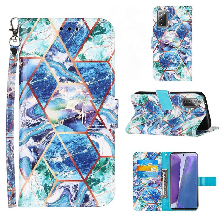 Green and Blue Stitching Color Marble Leather Wallet Case for Samsung Galaxy Note 20