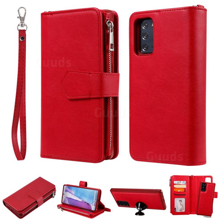 Retro Luxury Multifunction Zipper Leather Phone Wallet for Samsung Galaxy Note 20 - Red