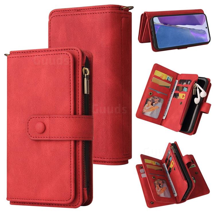 Luxury Multi-functional Zipper Wallet Leather Phone Case Cover for Samsung Galaxy Note 20 - Red
