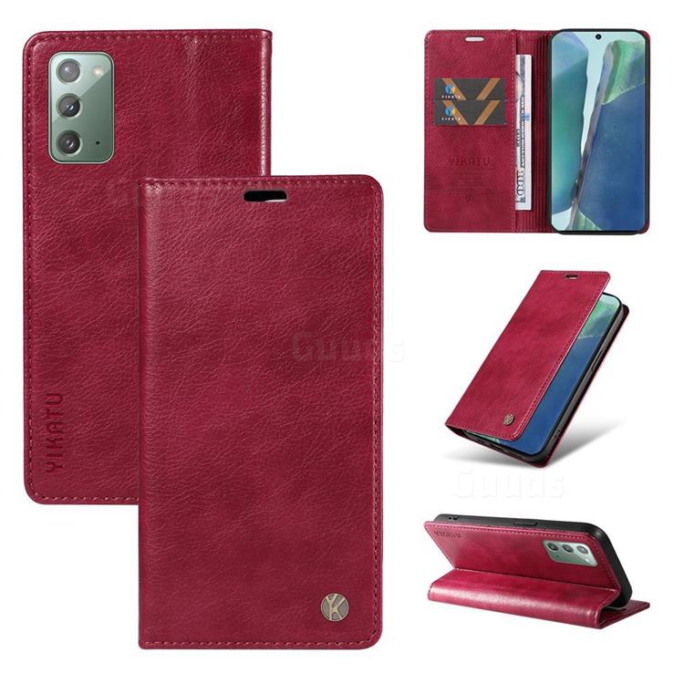 YIKATU Litchi Card Magnetic Automatic Suction Leather Flip Cover for Samsung Galaxy Note 20 - Wine Red