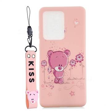 Pink Flower Bear Soft Kiss Candy Hand Strap Silicone Case for Samsung Galaxy Note 20 Ultra