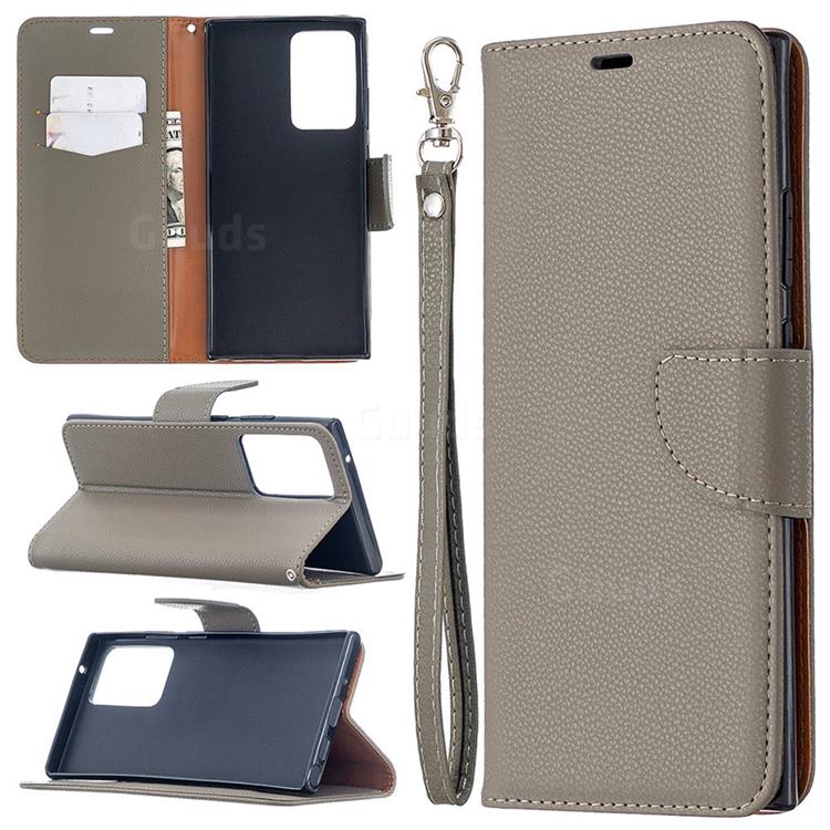Classic Luxury Litchi Leather Phone Wallet Case for Samsung Galaxy Note 20 Ultra - Gray