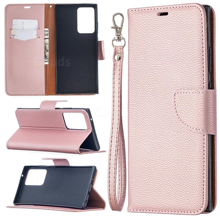 Classic Luxury Litchi Leather Phone Wallet Case for Samsung Galaxy Note 20 Ultra - Golden