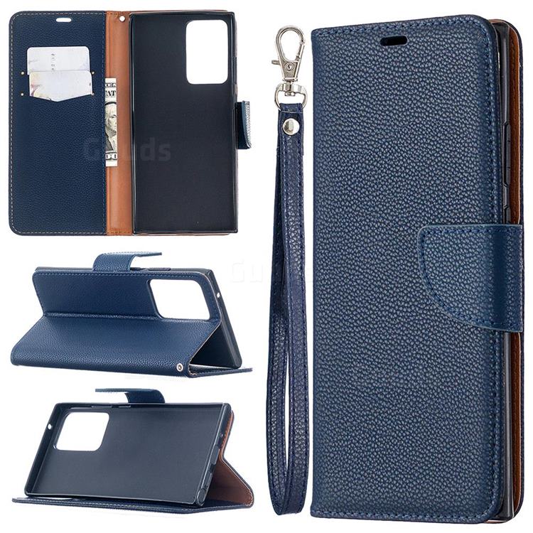Classic Luxury Litchi Leather Phone Wallet Case for Samsung Galaxy Note 20 Ultra - Blue