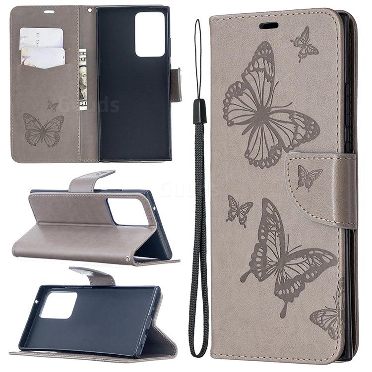 Embossing Double Butterfly Leather Wallet Case for Samsung Galaxy Note 20 Ultra - Gray