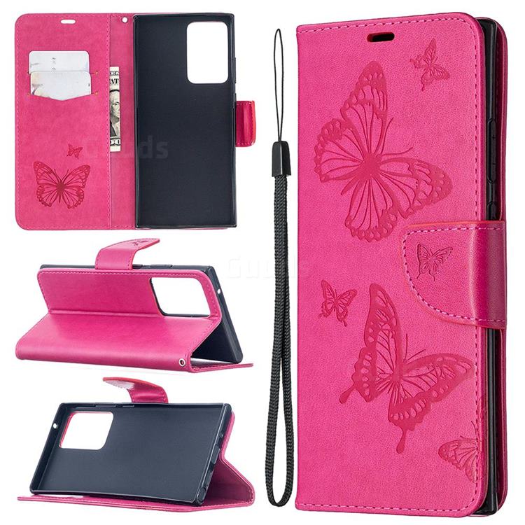 Embossing Double Butterfly Leather Wallet Case for Samsung Galaxy Note 20 Ultra - Red
