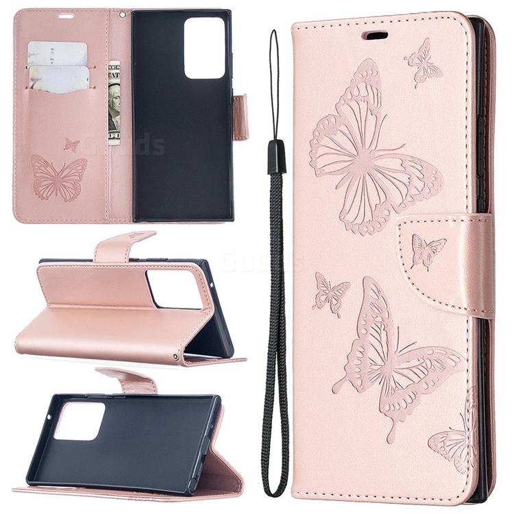 Embossing Double Butterfly Leather Wallet Case for Samsung Galaxy Note 20 Ultra - Rose Gold