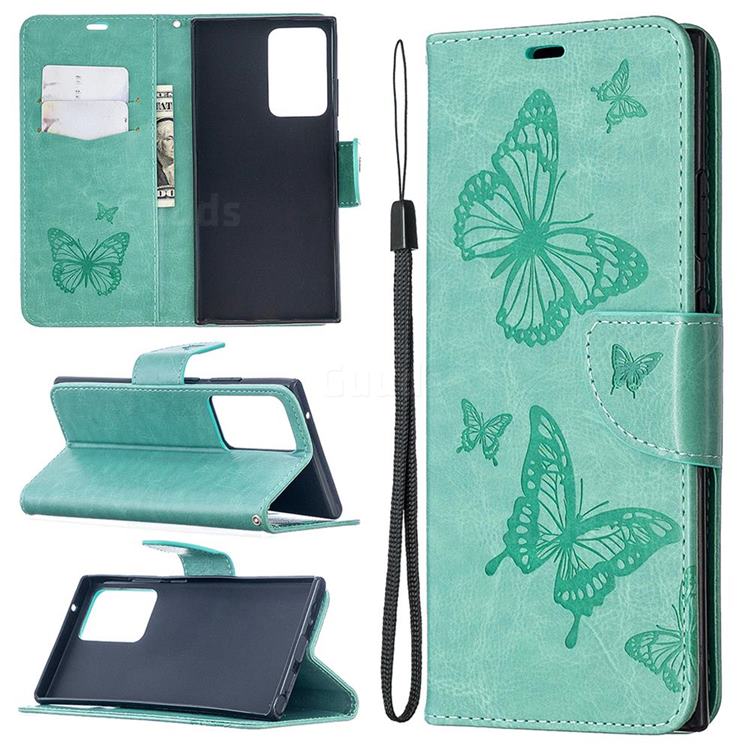 Embossing Double Butterfly Leather Wallet Case for Samsung Galaxy Note 20 Ultra - Green