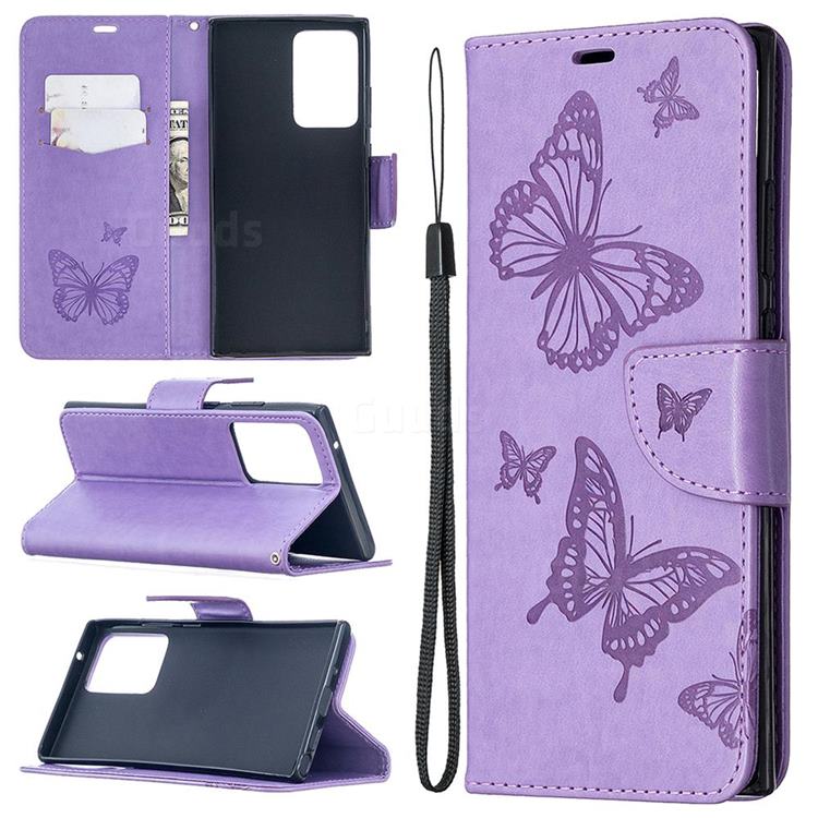 Embossing Double Butterfly Leather Wallet Case for Samsung Galaxy Note 20 Ultra - Purple