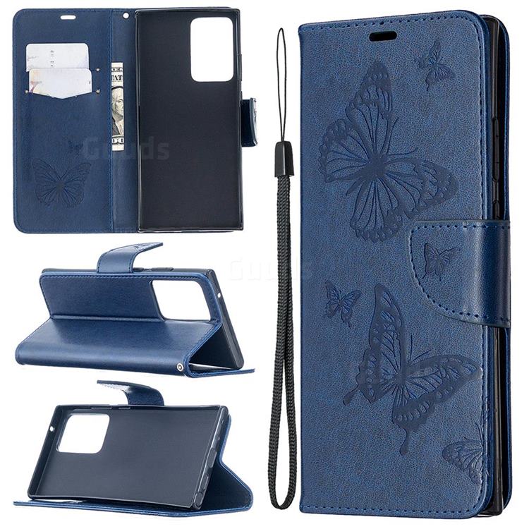 Embossing Double Butterfly Leather Wallet Case for Samsung Galaxy Note 20 Ultra - Dark Blue
